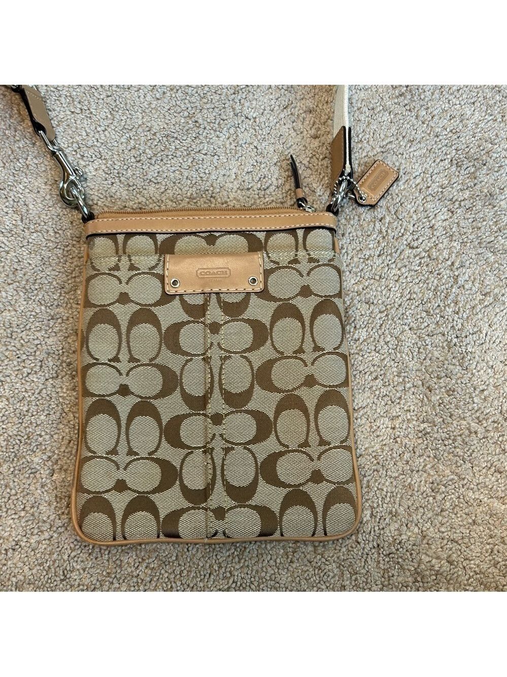 Coach Signature Brown Tan Crossbody Canvas messenger Bag woven adjustable strap